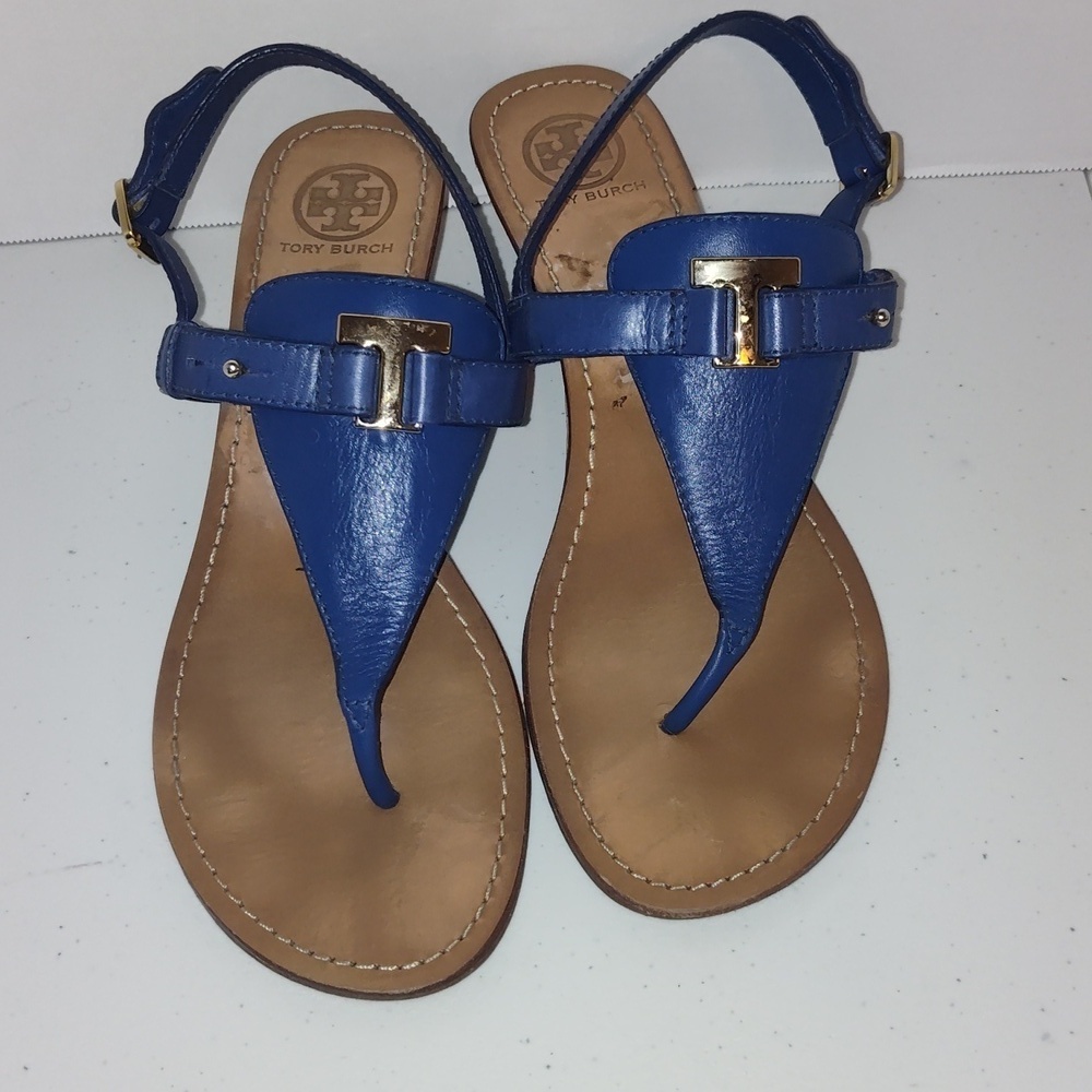 Tory Burch Womenâs Leather Wedges Royal Blue Gold Buckles Size 10.5